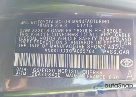 2015 Toyota Yaris L z USA, uszkodzony, nr VIN VNKKTUD3XFA035764